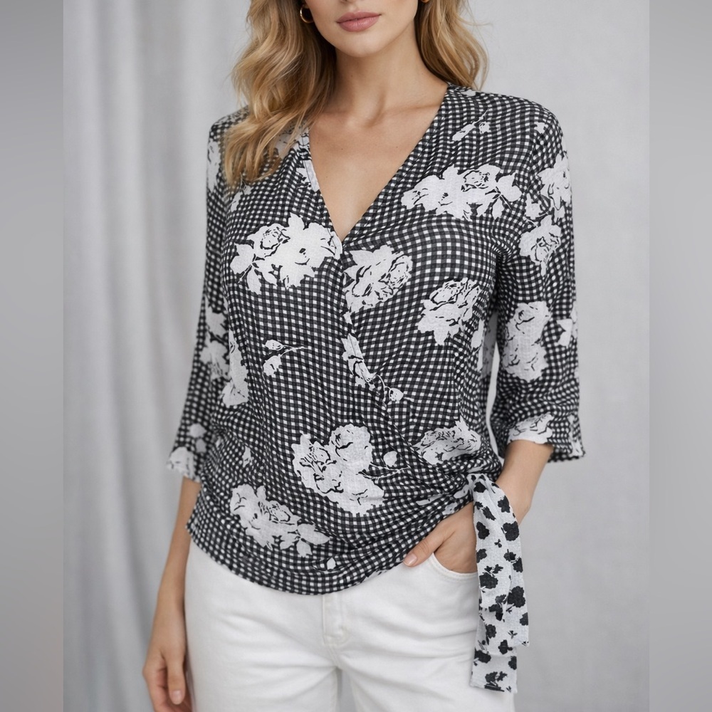 Spense Gingham Floral Wrap Blouse Black White Tie Waist (1117)